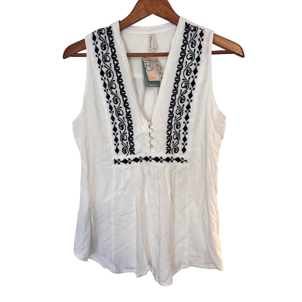 Roper Embroidered Blouse Womens M White Black Boho Western Sleeveless NWT